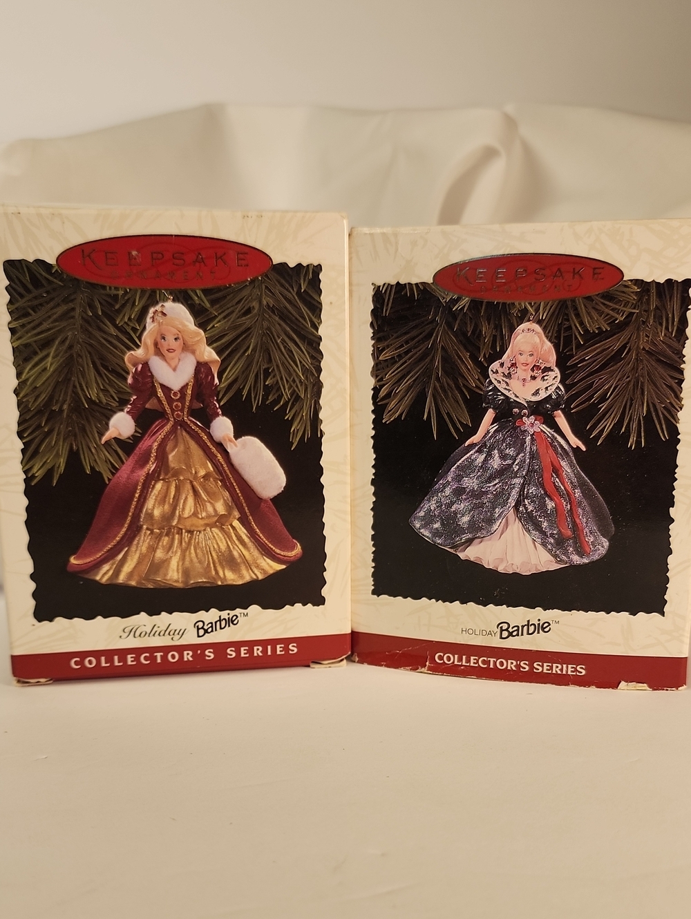 1995 & 1996 Hallmark Holiday Barbie Ornament Duo — Burgundy & Navy Dresses